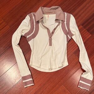 Free People Stylish Cream and Brown Women's Top knit with woven collar